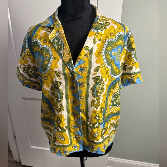 Haute hippie short sleeve collared linen blend bright paisley top - Picture 1 of 8